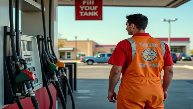 Gas station attendant in hazmat apron surveys empty pumps as a 'Fill Your Tank' poster winks from the wall.