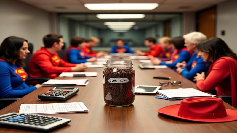 Boardroom table buried under superhero capes, cowboy hats, calculators, and a single, ominous jar labeled 'Synergies.'