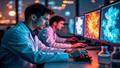 Testers in lab coats mash keyboards as a DO NOT STREAM sign glares; beakers labeled patch 0.0.1 bubble beside monitors showing spectacular explosions and redacted NDAs.