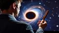 A solemn astrophysicist holds a comb up to a fuzzy black hole image, which refuses to grow split ends on live television.