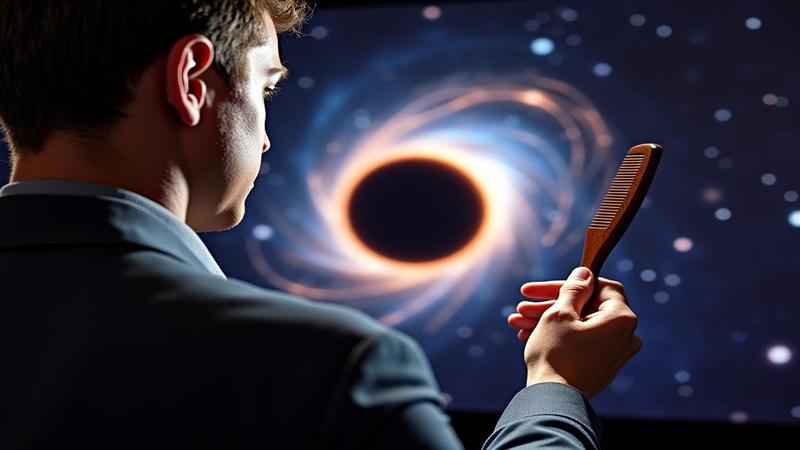 A solemn astrophysicist holds a comb up to a fuzzy black hole image, which refuses to grow split ends on live television.