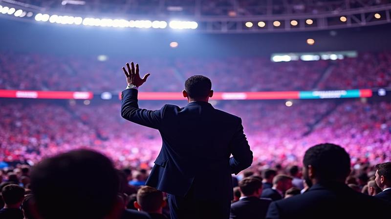 Will Smith on stage, waving to a glitchy, repeating crowd loop, some faces identical, stadium lights too perfect, vibe uncanny.