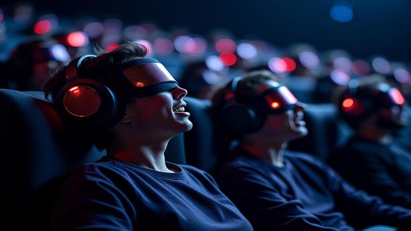 A theater audience wearing blindfolds and headphones, reacting wildly to a trailer, while studio executives calculate excitement on translucent, glowing spreadsheets.