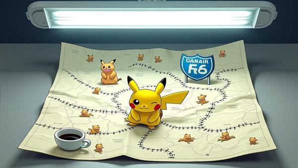 Crumpled 'roadmap' napkin under fluorescent office light, doodled Pikachu arrows, coffee rings, a looming Snorlax sketch blocking a highway sign.