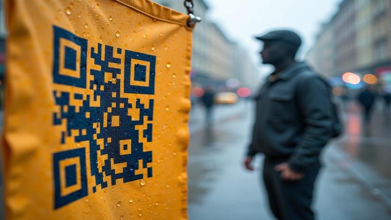 Close-up of handmade banner with QR code, raindrops beading, a student measuring decibels while a politician-shaped shadow hesitates in the background.