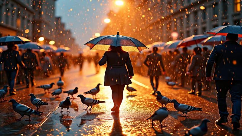 A glitter storm in slow motion as umbrellas reflect spotlights, water, and bewildered pigeons.
