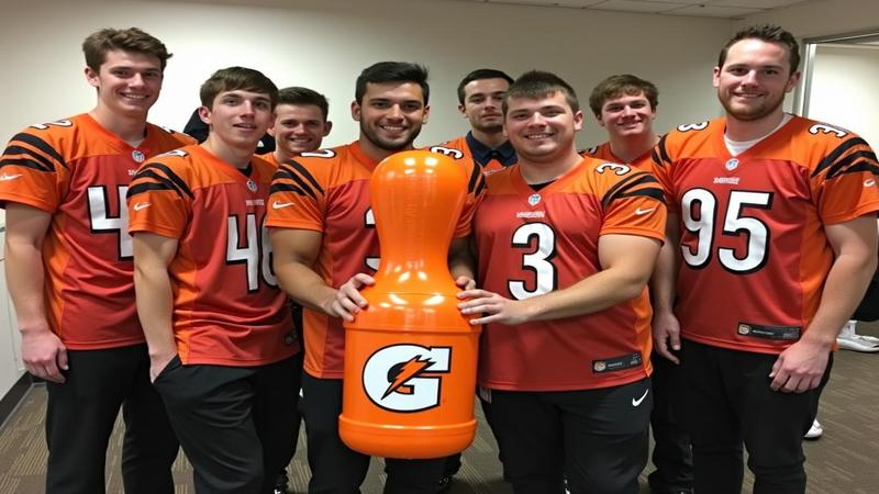 Back-of-the-roster hopefuls pose with a trophy-shaped Gatorade bottle in the Bengals' lounge, basking in their glorified snack-cart moment.