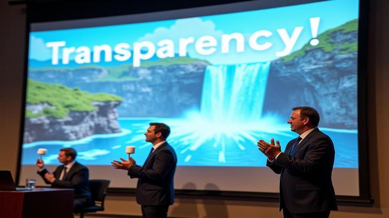 Corporate presentation slide reading 'Transparency!' next to a pixelated data leak waterfall, executives clapping politely with marshmallows on sticks.