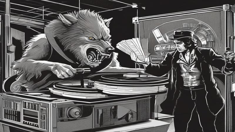 Projectionist dramatically holding a reel labeled 'Brooding,' while a cardboard werewolf negotiates union break times.