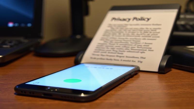 A sleek iPhone on a walnut desk chats with a glowing speech bubble while a bemused Siri waveform peeks from behind a privacy policy printout.
