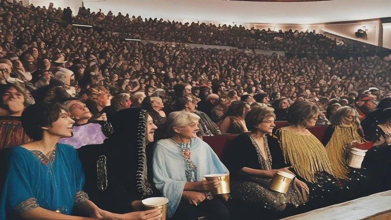 Audience in dim theater wearing glitter and ponchos, clutching commemorative cups, bracing for eternal longing.
