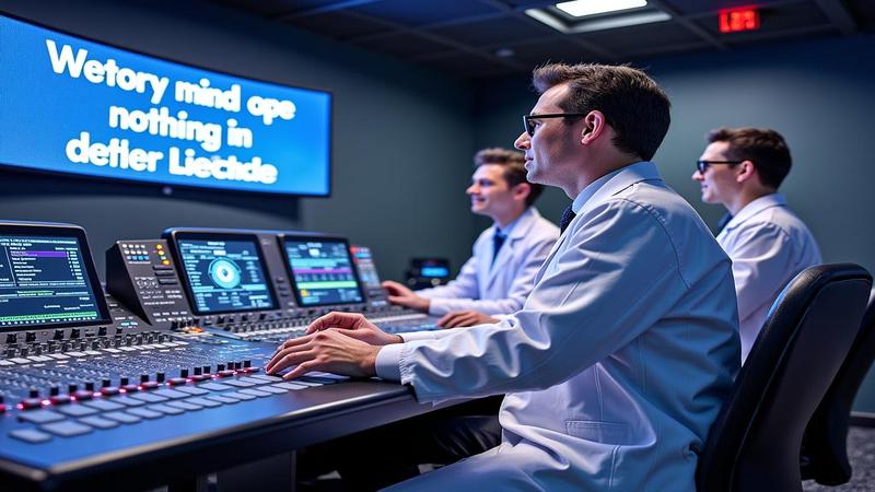 Scientists in lab coats celebrate beside a glittering console, while a banner proclaims victory over nothing in particular.