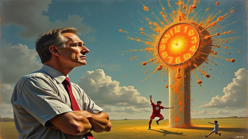 A bewildered coach staring at a game clock melting like a Salvador Dalí painting while a punter poses like a top-10 draft pick.