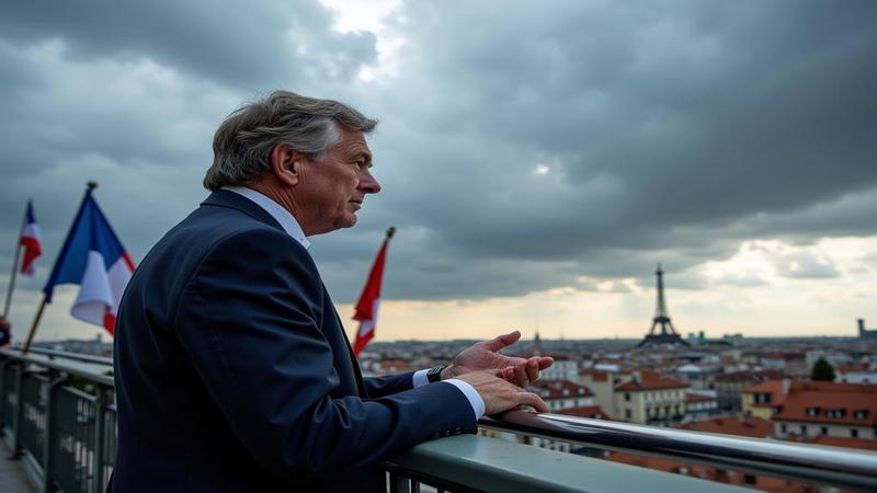 François Bayrou under stormy skies, tricolor flags whipping, gesturing at a weather map where France slides into a beret.