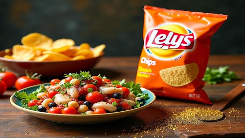 Mediterranean spread of fish, legumes, and olive oil confronting a neon chip bag labeled Destiny in glitter.