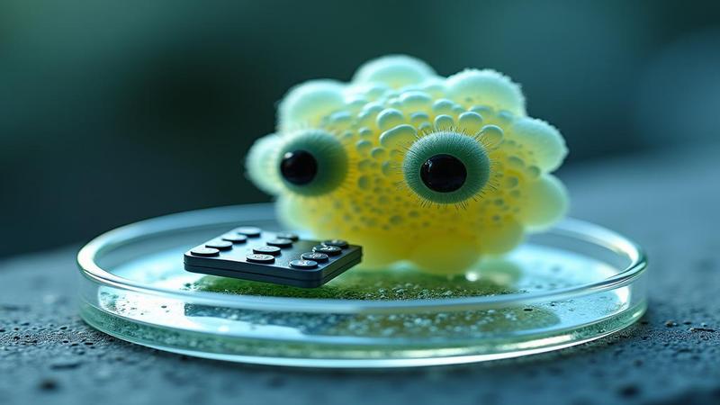 Close-up of a petri dish amoeba holding a tiny calculator, glaring at a probability curve like a tax auditor who discovered breath.