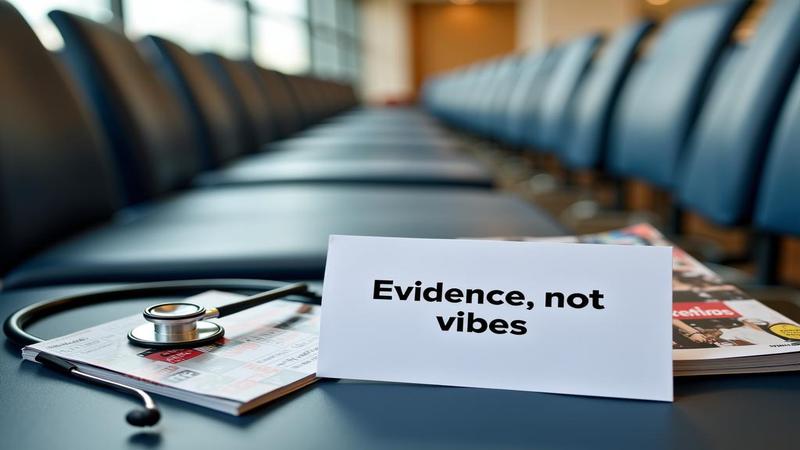 A waiting room notice reading 'Evidence, not vibes' beside a stethoscope and fashion magazine.