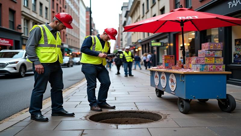 Scientists in reflective vests laser-scanning a sidewalk hole while a street vendor sells Rat Hole souvenir magnets in the background.