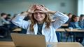 An enthusiastic volunteer in a lab coat shields their laptop as a simulated hurricane passes through a classroom.
