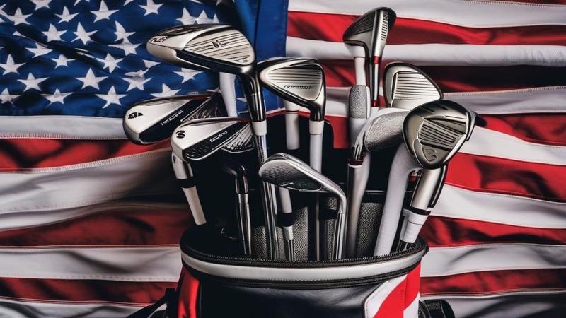 A golf bag stuffed with burner phones beside a Ryder Cup flag, as if strategy is legally inadmissible.