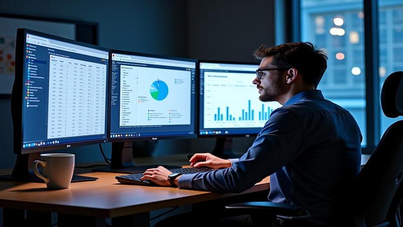 Worker dwarfed by a 49-inch ultrawide monitor, tabs stretching to infinity, coffee mug tiny for scale, productivity chart leaping off the edges, fluorescent office lighting reflecting like a solar eclipse.