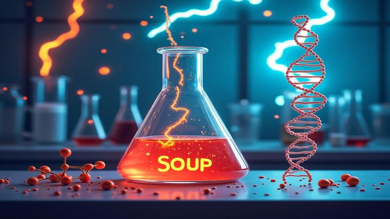 A lab beaker labeled 'Primordial Soup' under dramatic lighting, with cartoonish lightning bolts and a smug RNA strand flexing near amino acids.