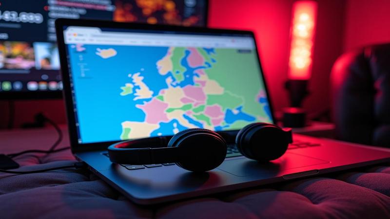 Laptop displays Zillow map while headphones wrap the screen like a boa, mortgage documents dance in the corner under disco lights.
