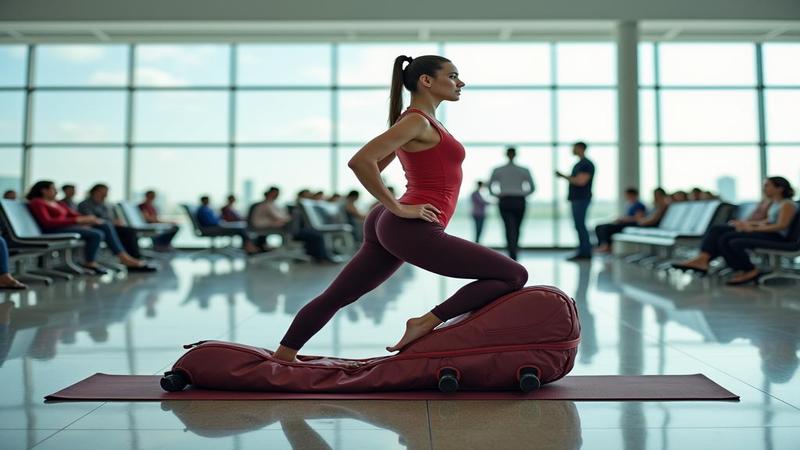 A departures board does yoga, transforming from green to red while passengers rename their carry-ons as emotional support luggage.