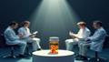 Close-up of a leucovorin pill bottle perched on a podium, spotlighted, with skeptical scientists taking notes in the background and a graph labeled “evidence” flatlining.