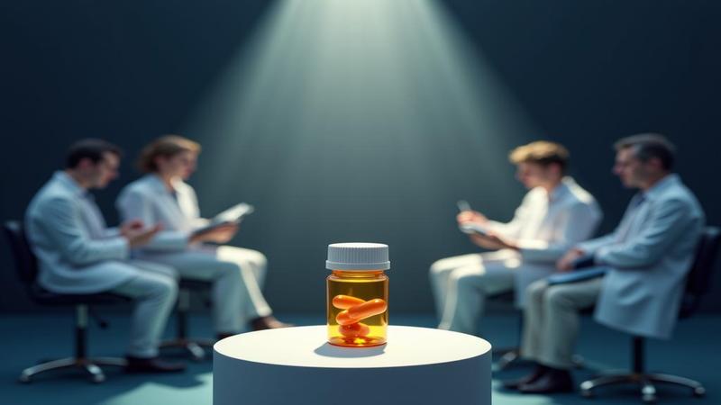 Close-up of a leucovorin pill bottle perched on a podium, spotlighted, with skeptical scientists taking notes in the background and a graph labeled “evidence” flatlining.