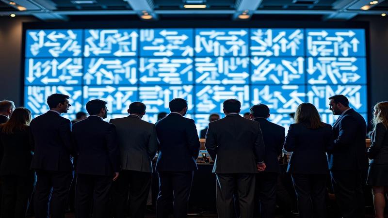 Reporters line up microphones while a wall of screens displays a sea of arrows no one can interpret.