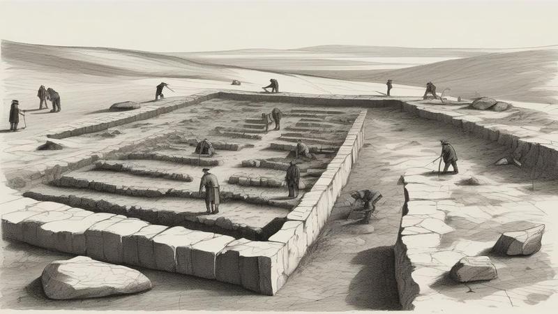 A windswept excavation trench revealing ancient posts and stones, with baffled researchers gesturing at a diagram that looks suspiciously like an IKEA assembly sheet for the Ice Age.