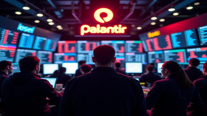 Crowded trading floor glows with screens as stock tickers spin and a blinking Palantir logo lights up the room.