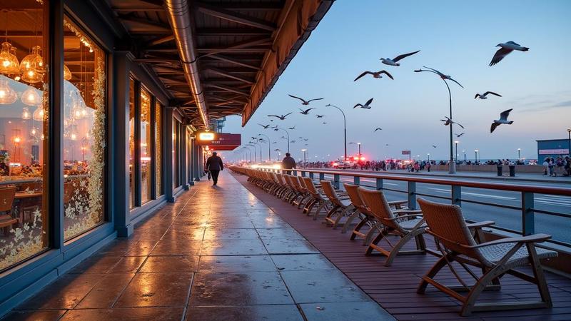 Shattered storefront glass near a promenade cafe, beach chairs askew, and traffic halted while officials coordinate amid flashing lights and bewildered seagulls.