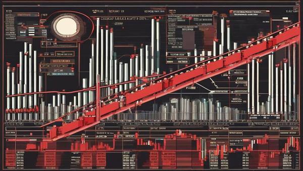 A towering candlestick chart in roller coaster loops while traders toast espresso shots to a rising red arrow strapped to a helium balloon.