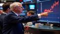 Powell gestures toward a glowing chart as traders clutch mugs and pretend they understand the plan.