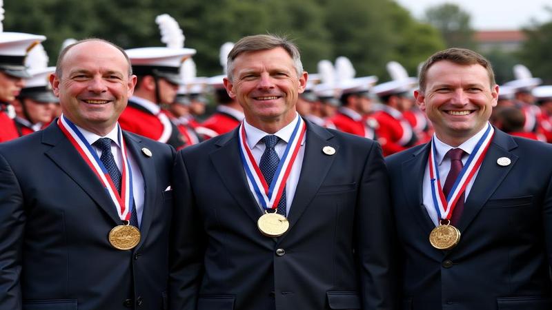 Officials pose with medals as a marching band plays, camera flashes bright over the ceremony.