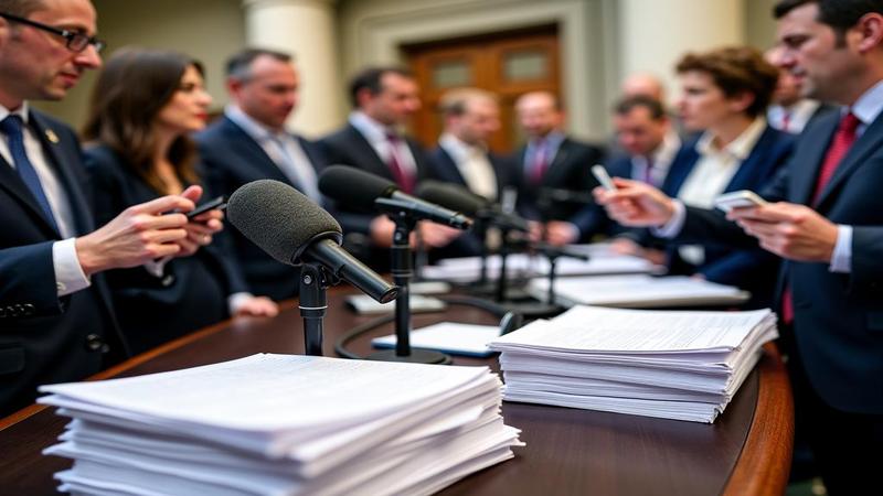 Press conference scene with microphones and a stack of scripts as PR teams hustle.