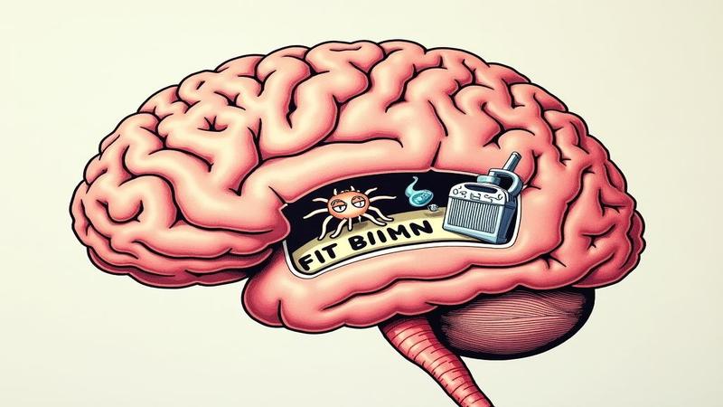 Close-up of brain diagram revealing a secret panel labeled 'Weirdly Hidden Stuff'; tiny broom, unpaid parking ticket, and a baffled neuron.