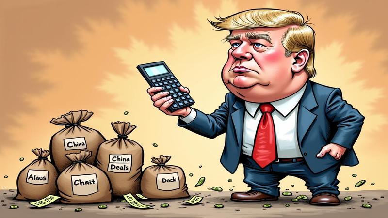 Cartoon economist twirls a calculator as bags labeled 'China Deals' pile up backstage.