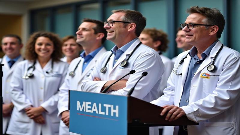 Health officials in lab coats announce the expansion with mock enthusiasm at a podium.