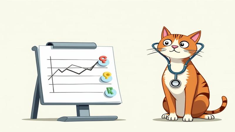 Illustration showing downward risk charts while a cat wearing a stethoscope looks unimpressed.