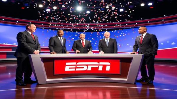Ernie, Charles, Kenny, and Shaq on a gleaming ESPN desk as confetti falls, graphs orbit like satellites, and a producer silently prays to the ratings gods.
