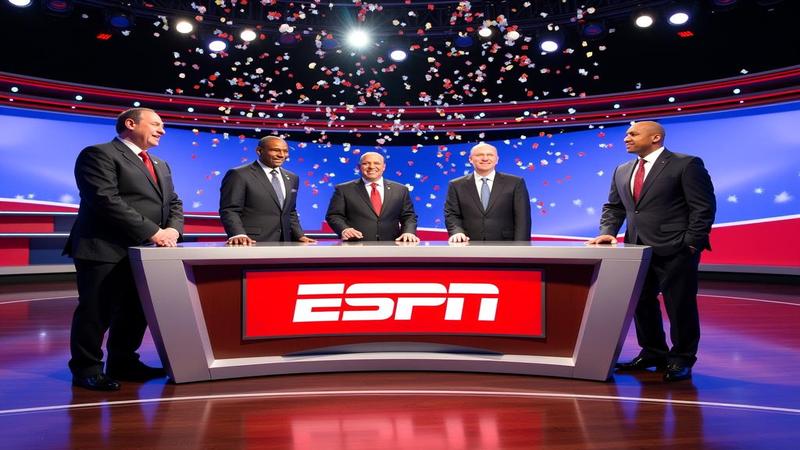 Ernie, Charles, Kenny, and Shaq on a gleaming ESPN desk as confetti falls, graphs orbit like satellites, and a producer silently prays to the ratings gods.
