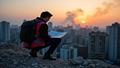 A reporter in a press vest crouches by rubble at dusk, balancing a mic and map against a smoky skyline.