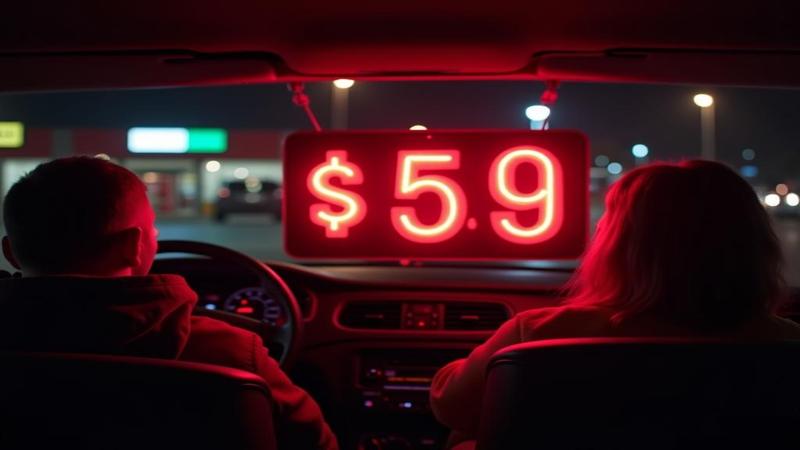 A neon price tag glows as customers cheer at the drive-thru window.