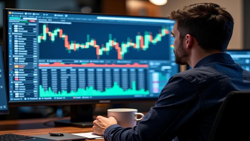 An analyst stares at a monitor showing a stress-tested chart while sipping coffee, mirroring a tired public waiting for miracles.