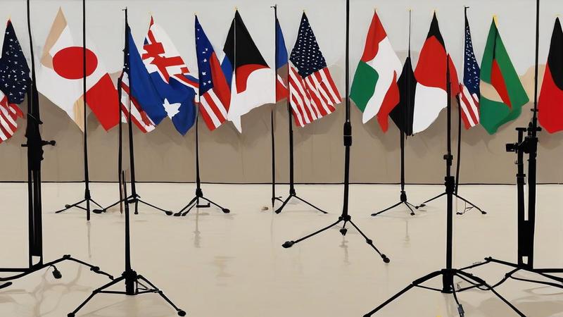 Press backdrop of flags and neutral beige; reporters extend recorders like fishing poles over a puddle labeled “context.”