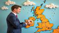 Keir Starmer holding a roll of tape over a frayed map of the UK, rain clouds shaped like tea bags overhead.