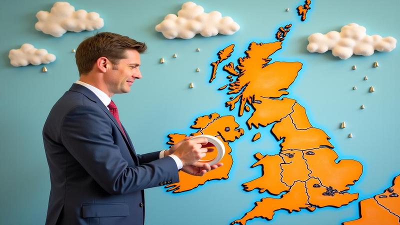 Keir Starmer holding a roll of tape over a frayed map of the UK, rain clouds shaped like tea bags overhead.